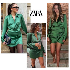 Zara green satin effect long sleeve mini wrap shirt dress Sz S NWOT